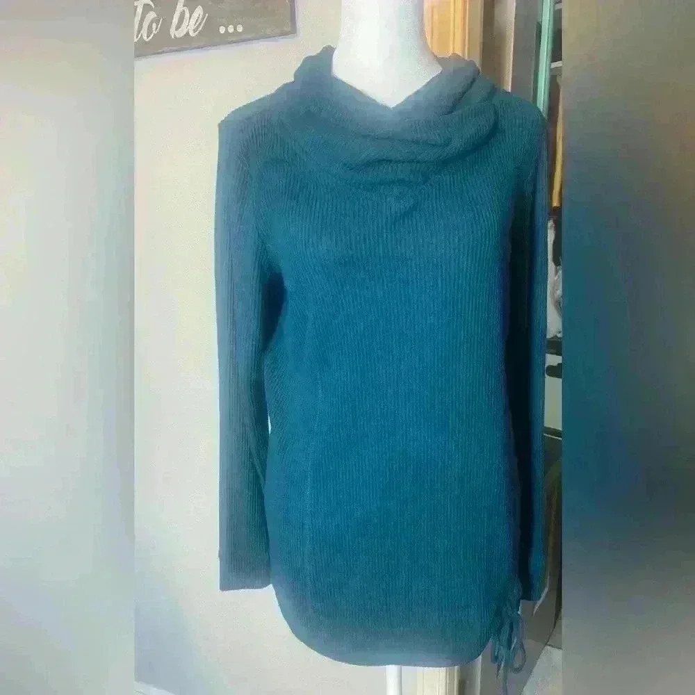 St John’s Bay Women’s Cowl neck long sleeve ribbed top with tie at bottom SMALL